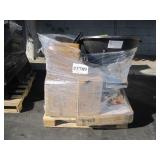 PALLET OF WHEEL BARROW, 3 SHELF BOOKCASE & DESK