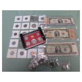 1 LOT W/MIX COINS, SILVER TONE DIMES, CURRENCY