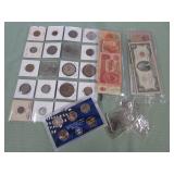 1 LOT W/MIX COINS, SILVER TONE DIMES, CURRENCY