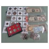 1 LOT W/MIX COINS, SILVER TONE DIMES, CURRENCY