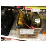 BOX OF ASSORTED HAND TOOLS & CLOCK