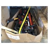 (1) BOX OF ASSORTED HAND TOOLS: HAMMERS, CROWBAR,
