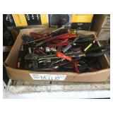 BOX OF ASSORTED HAND TOOLS: SCREW DRIVERS, HAMMERS