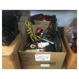 BOX OF MISCELLANEOUS ITEMS: TENNIS RACKETS, JUMPER