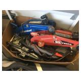 BOX WITH 2 TON CAR JACKS & ASSORTED TOOLS: