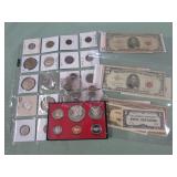 1 LOT W/MIX COINS, SILVER TONE DIMES, CURRENCY