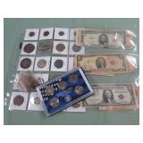 1 LOT W/MIX COINS, SILVER TONE DIMES, CURRENCY
