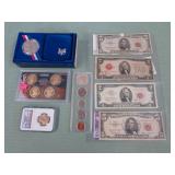 1 LOT W/MIXED COINS, CURRENCY, SILVER TONE COINS