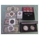 1 BAG W/COINS,CURRENCY, 1928 $2 BILL RED SEAL