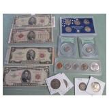 1 BAG W/MIX COINS, CURRENCY, 1928 $5 BILL RED