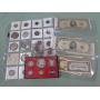 1 LOT W/MIX COINS, SILVER TONE DIMES, CURRENCY