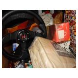 1 BOX OF HOME GOODS & HONDA STEERING WHEEL