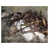 CONCRETE PALLET WITH VINTAGE FARM SUPPLIES