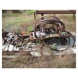 2- CONCRETE PALLET WITH VINTAGE FARM SUPPLIES