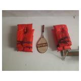 4 Life Jackets And Tennis Racket