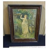 Antique framed print woman w/ dog & macaw