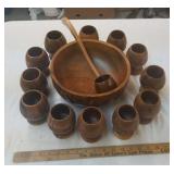 Carved Wooden punch bowl, 12 cups, & ladle