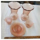 9 pieces of pink depression glass