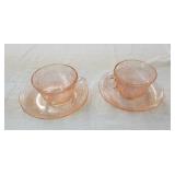 2 pink Dogwood depression glass cups& saucers