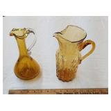 2 Amber 8 inch pitchers, applied handles