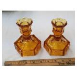 Pair amber Fostoria Coin candlesticks