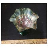 Carnival glass compote, green Stippled Ray