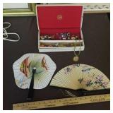 Paper fans, jewelry box, & contents