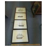 4 framed US Navy sailing ship prints