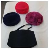 3 vintage ladies hats, hat box, & handbag