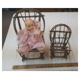 2 twig doll chairs w/ porcelain doll