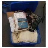 Tote of blankets, linens,  pillow, towels
