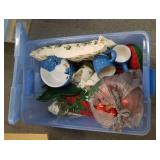 Tote of Christmas dishes & decorations