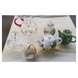 Glass basket, teapots, & more