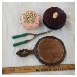 Vintage Powder jars, dressing mirror,  hair curler