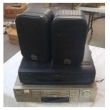 JVC DVD player, JBL speakers,  VHS player