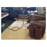 Wrought iron plant holder, picnic basket, plate