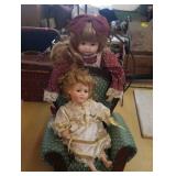 2 porcelain dolls & upholstered doll chair