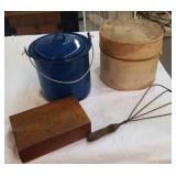 Granite pail, rug beater, wooden box, etc