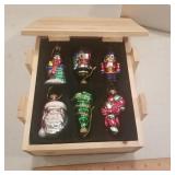 6 glass ornaments in crate, new