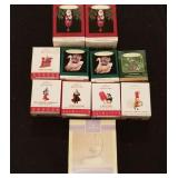 10 Hallmark miniature ornaments & display