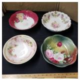 4 antique hand painted porcelain fruit bowls