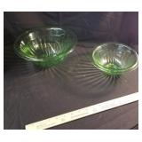 2 green depression glass mixing bowls