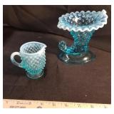 Fenton blue opalescent hobnail, 2 pieces