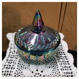 Carnival glass covered candy dish