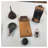 Oil can, matchbox, garage collectibles