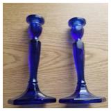 Pair blue Fenton candlesticks original sticker