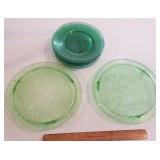 2 green depression glass cake plates & 8 plates