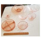 Pink depression glass,  7 pieces