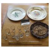 Vintage plates, shot glasses & decor