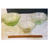 3 green depression glass mixing bowls